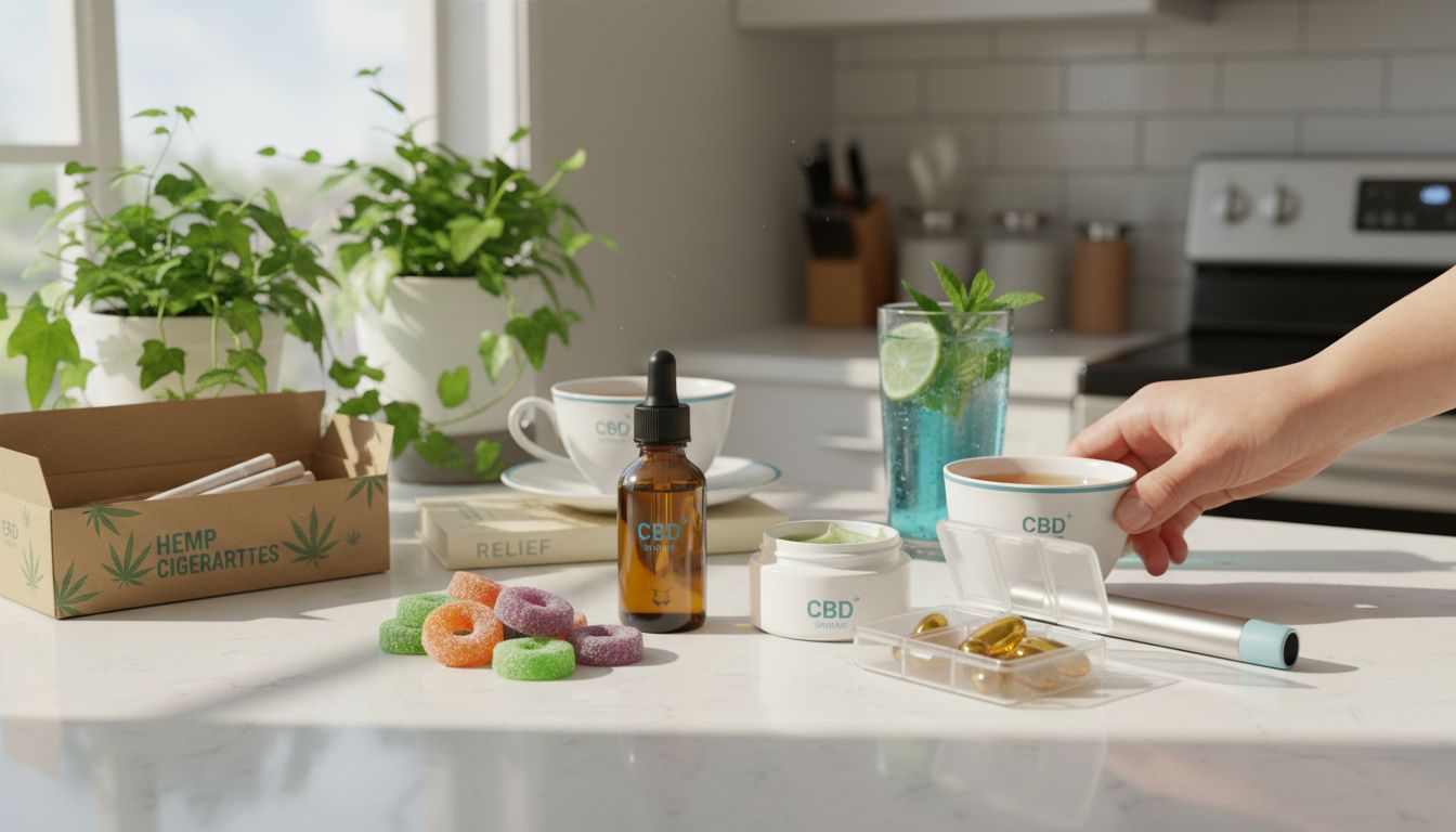 Assorted CBD products on modern kitchen counter