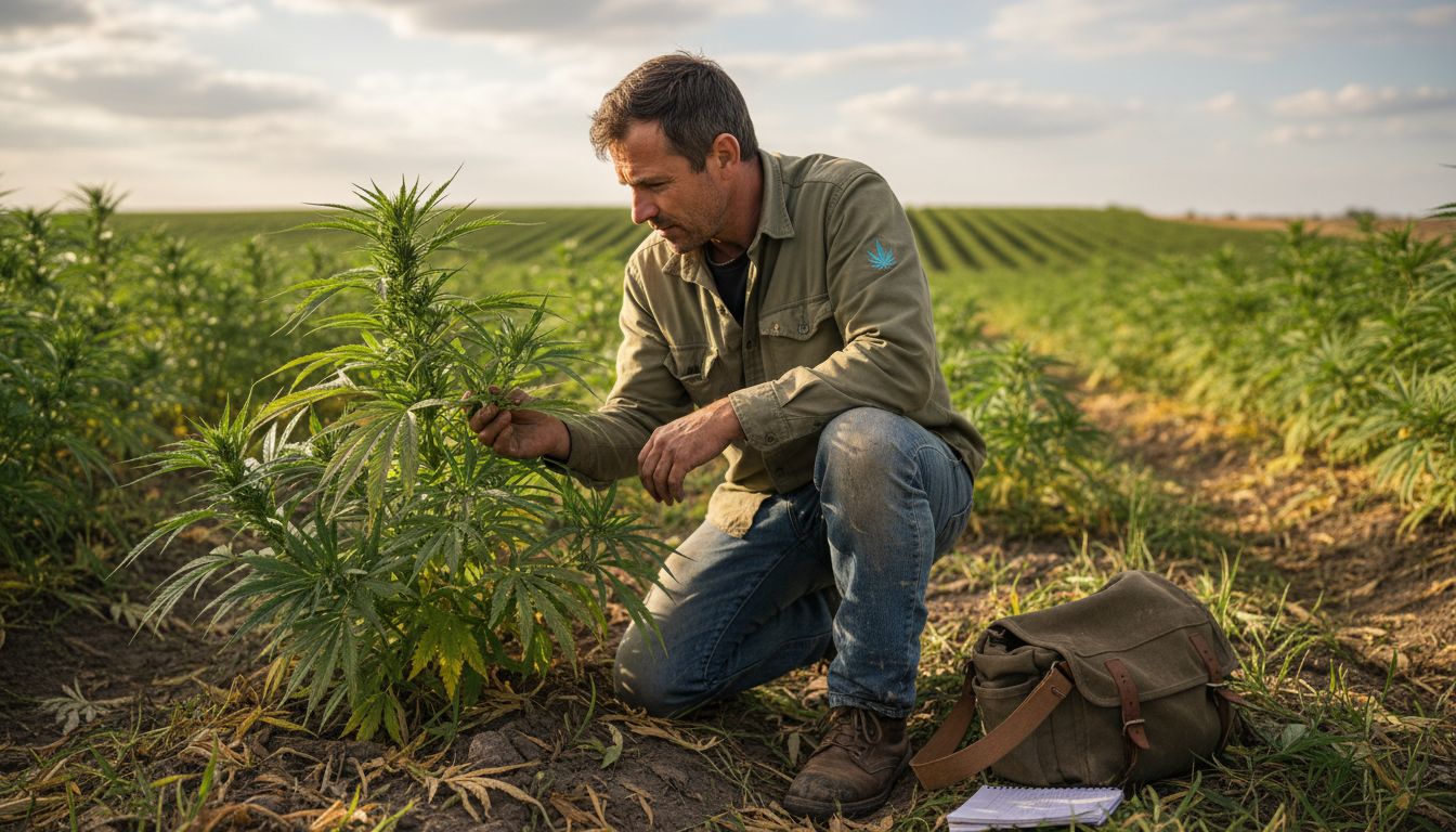 Worker examining hemp plant in field