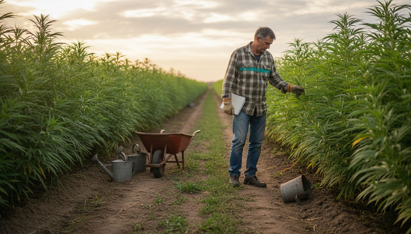 Farm worker walking beside hemp field