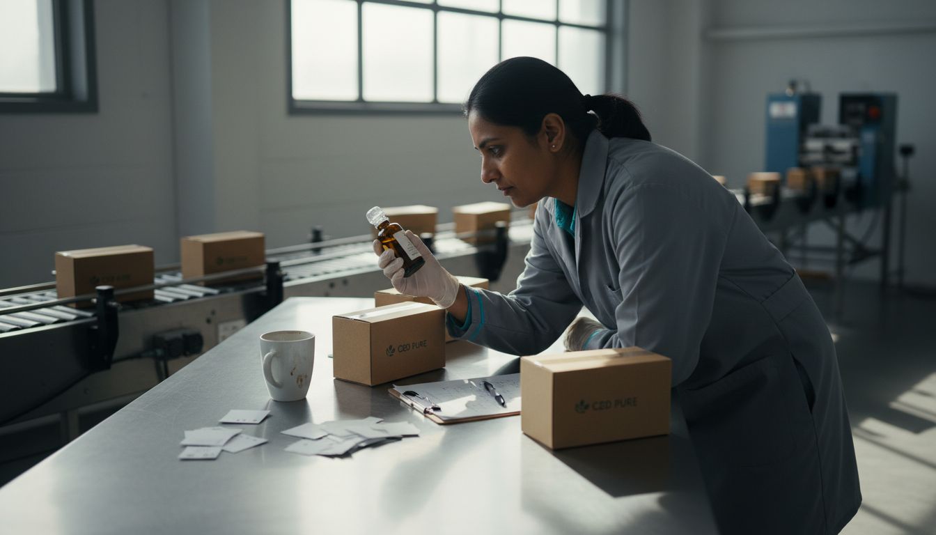 Specialist checking CBD packaging at facility
