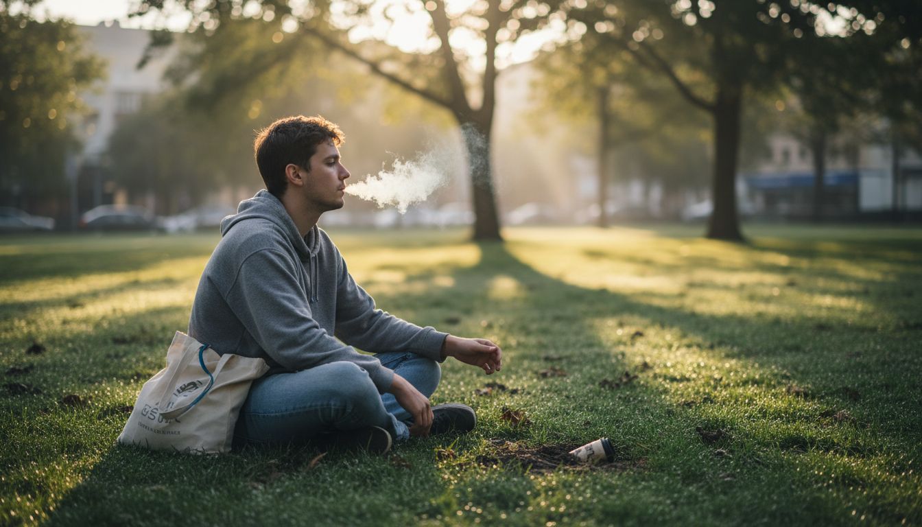 Person smoking hemp outdoors at dawn in park