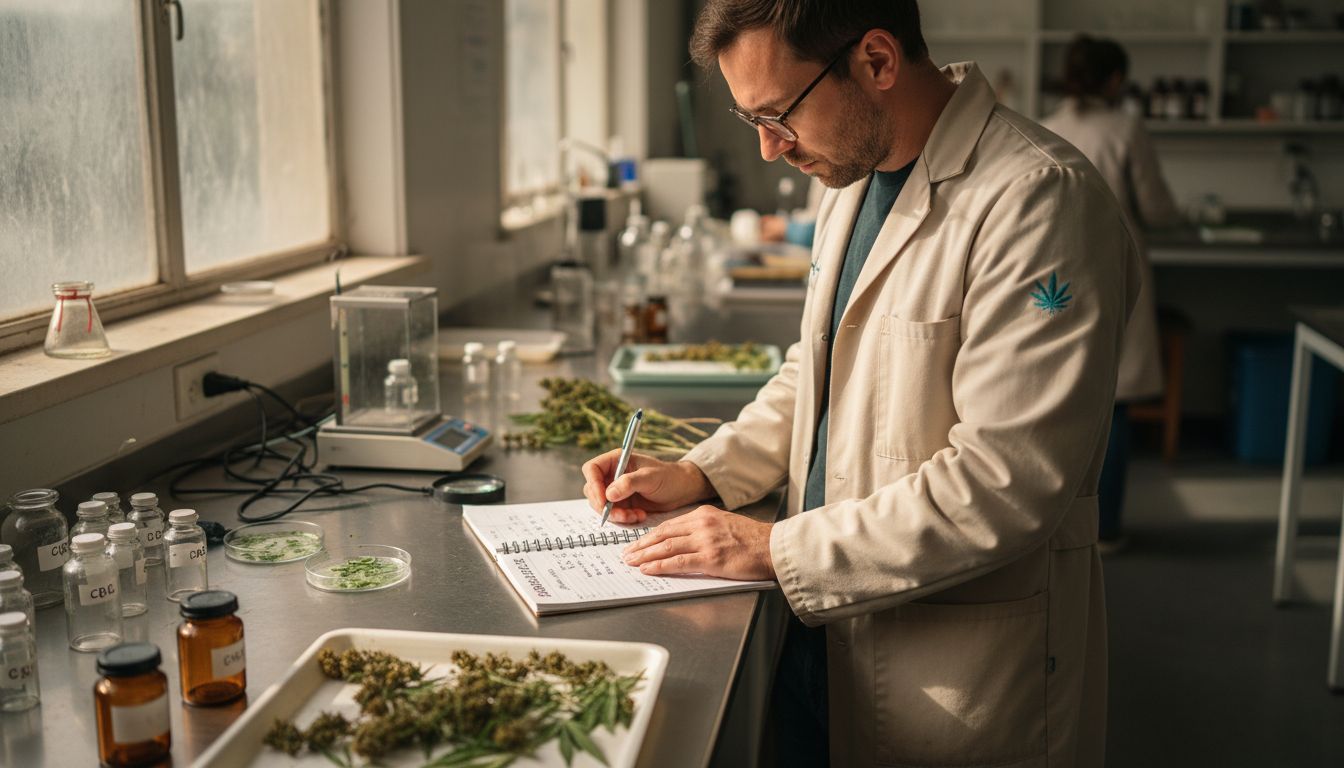 Botanist recording hemp research notes in lab