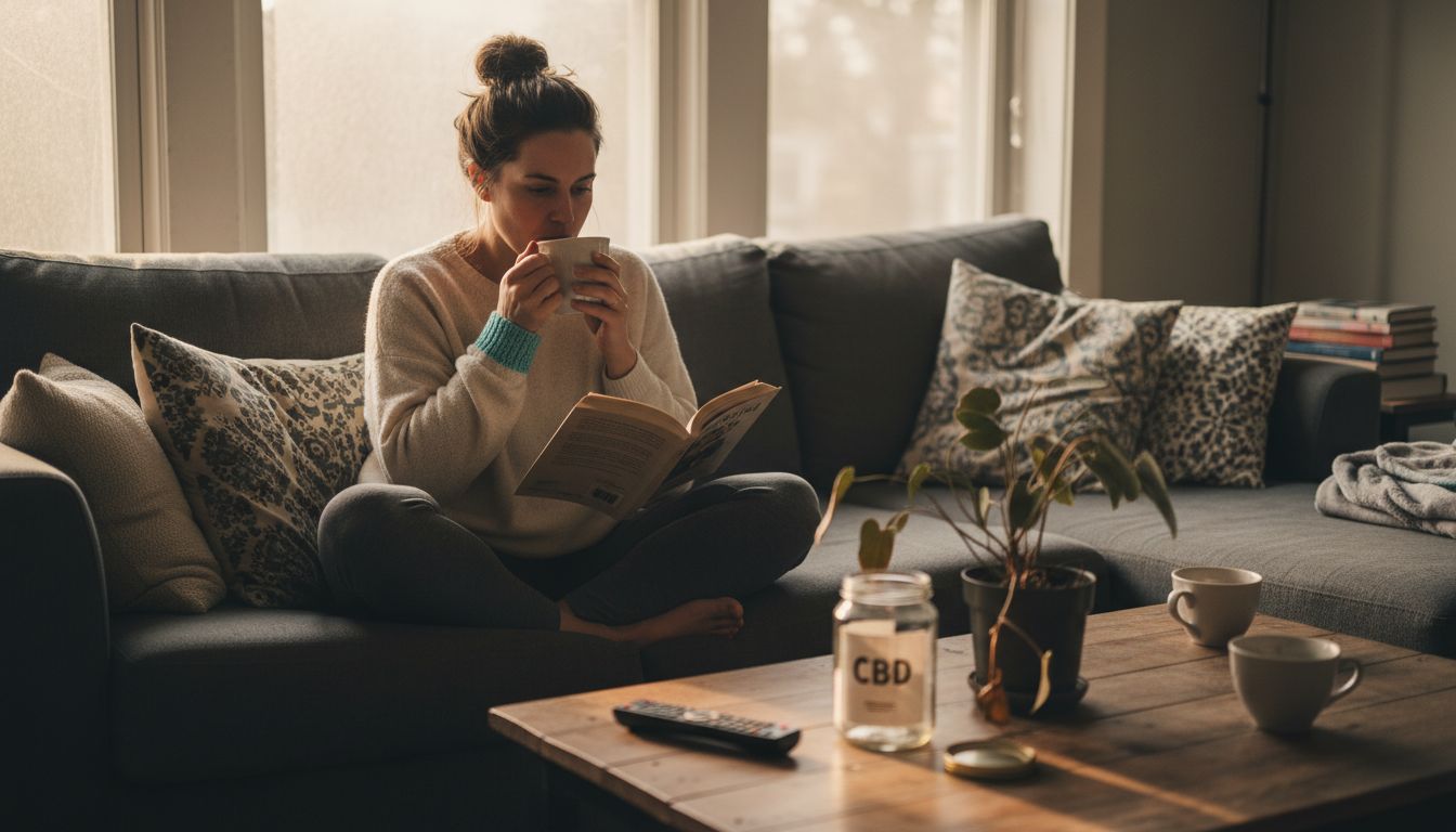 Woman relaxing with CBD at home on sofa