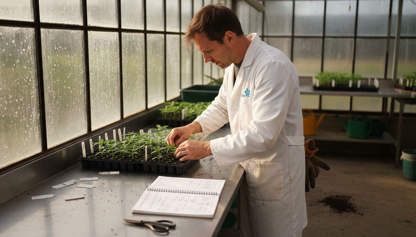 Horticulturist inspecting hybrid cannabis seedlings