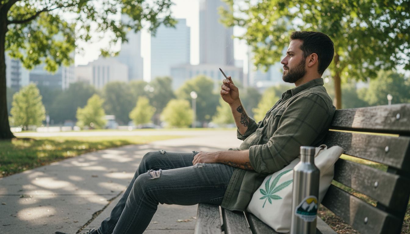 Young man enjoying hemp smoke in city park