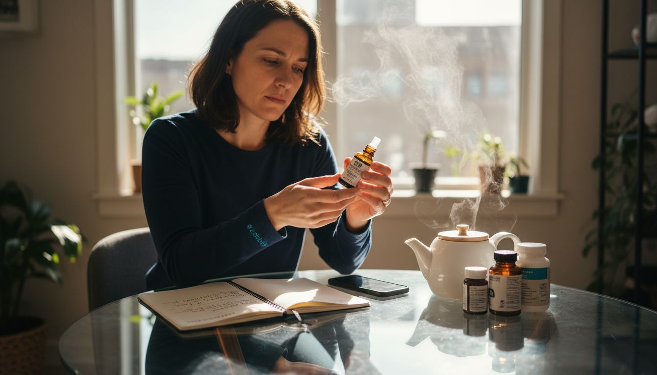 Woman reading cbd tincture label at table