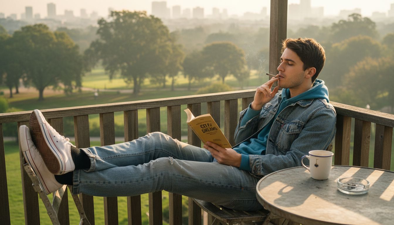 Man enjoying hemp cigarette on city balcony