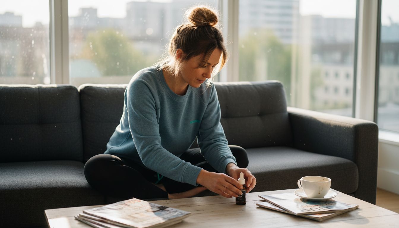 Woman using CBD oil in morning wellness routine