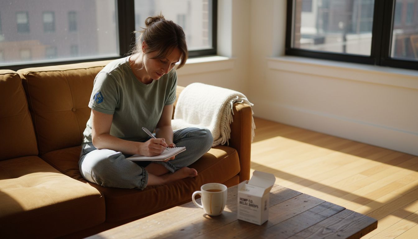 Woman in living room reflecting on wellness
