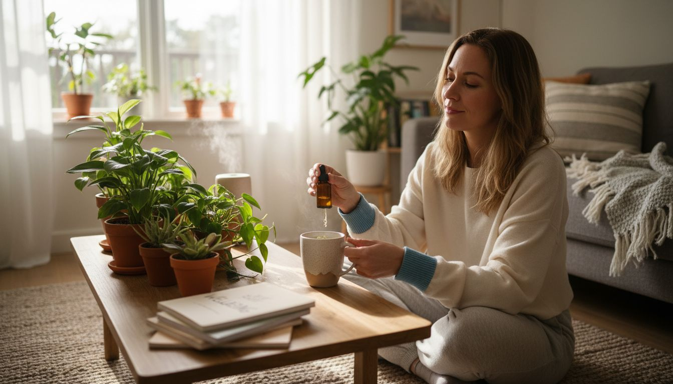 Woman preparing CBD tincture in living room