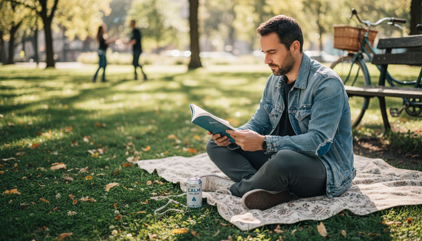 Man enjoying CBD drink in city park