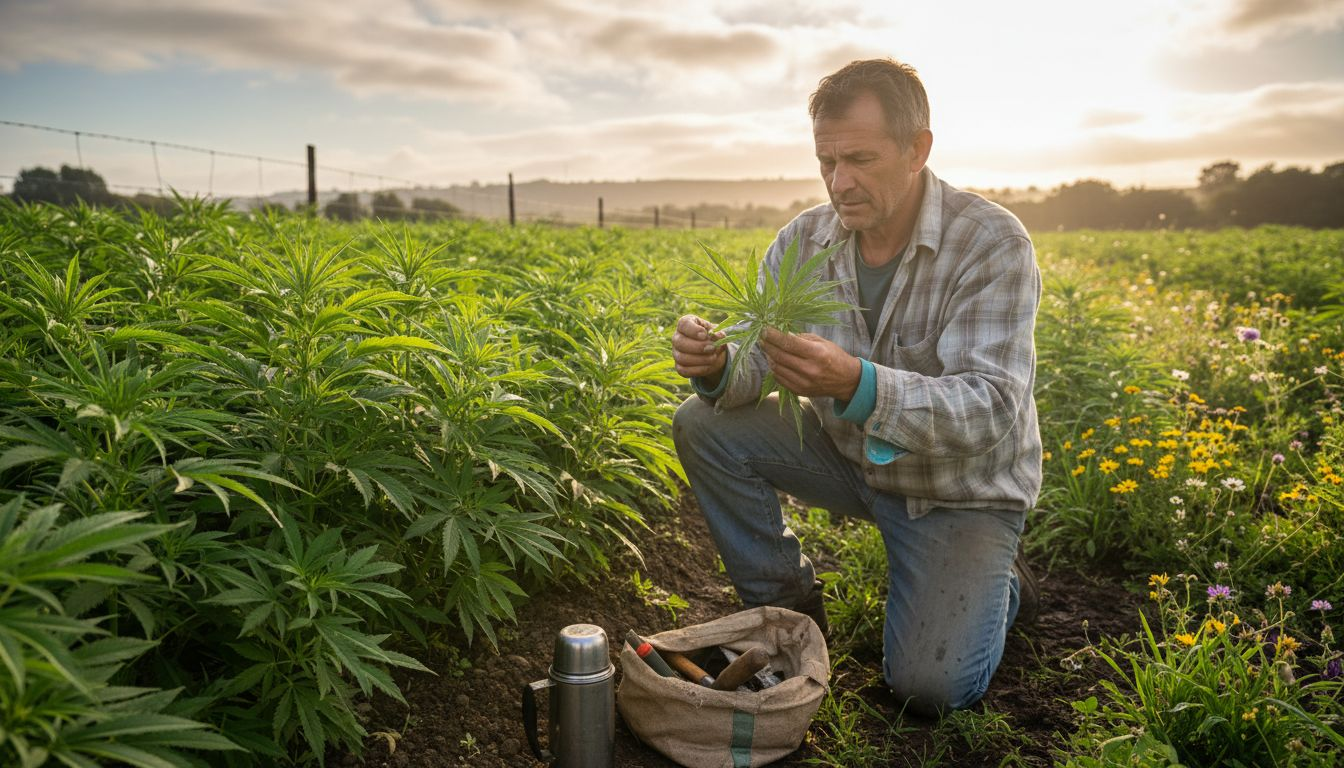Farm worker inspecting hemp plants at sunrise