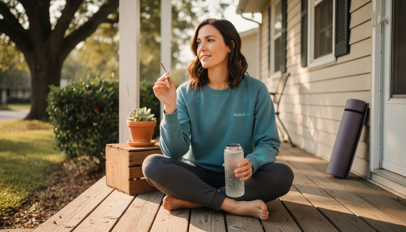 Woman on porch with cbd pre-roll in hand