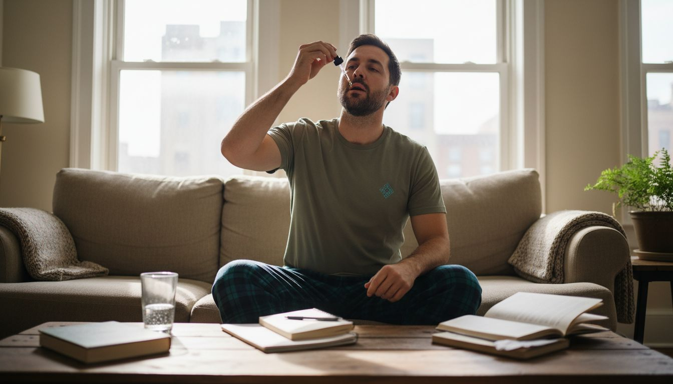 Man taking CBD oil in sunlit living room