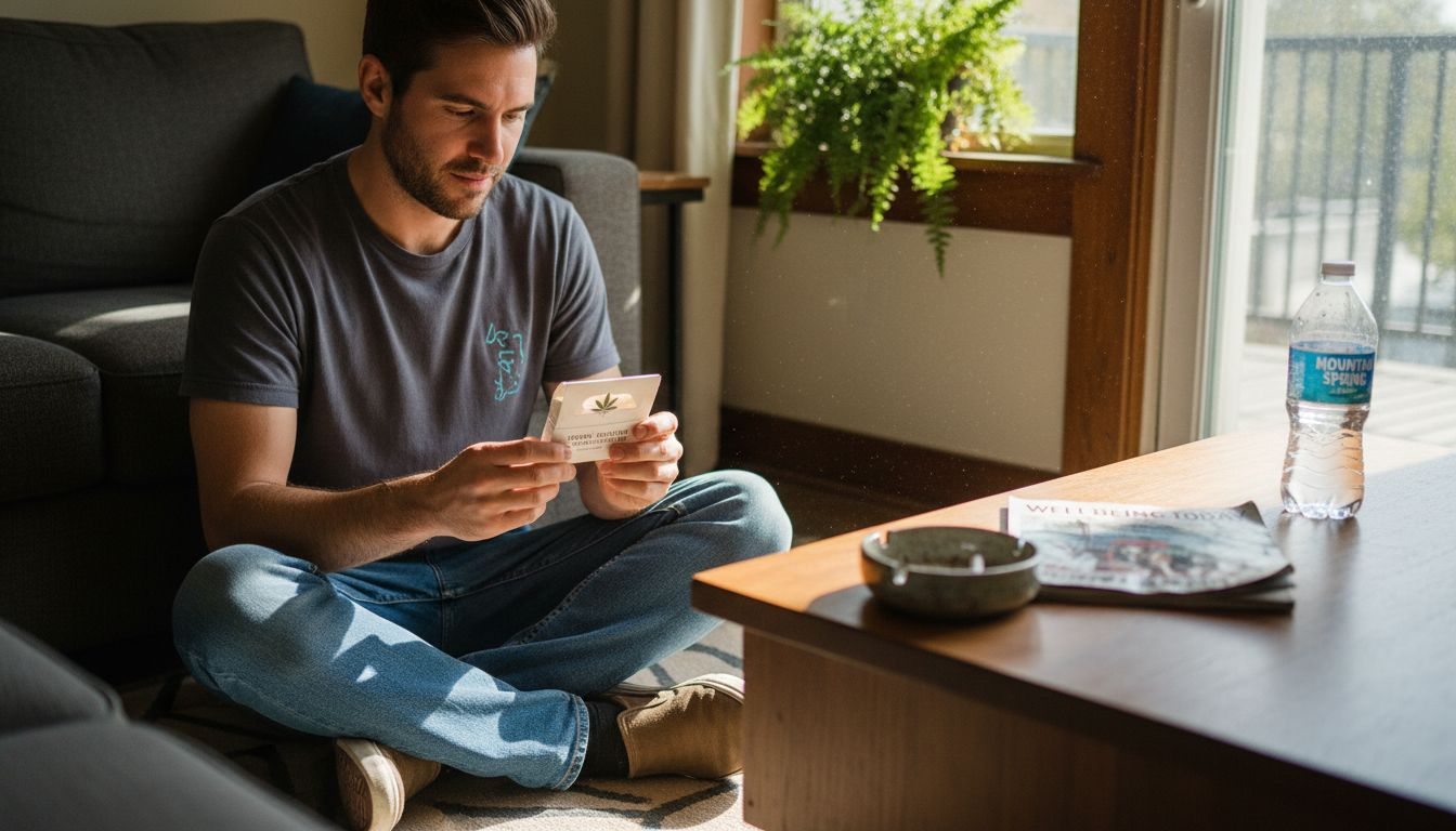 Young man reviews CBD hemp pack at home