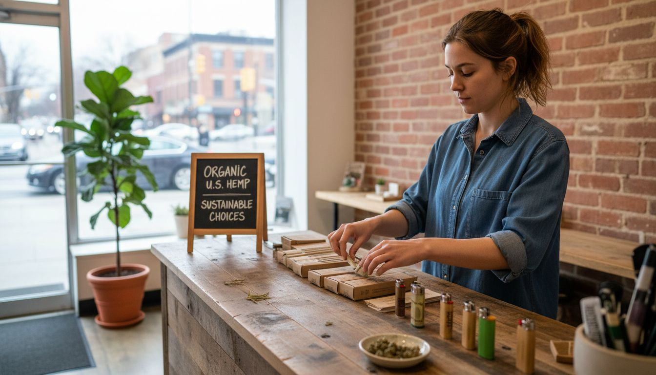 Woman arranging CBD hemp products in boutique