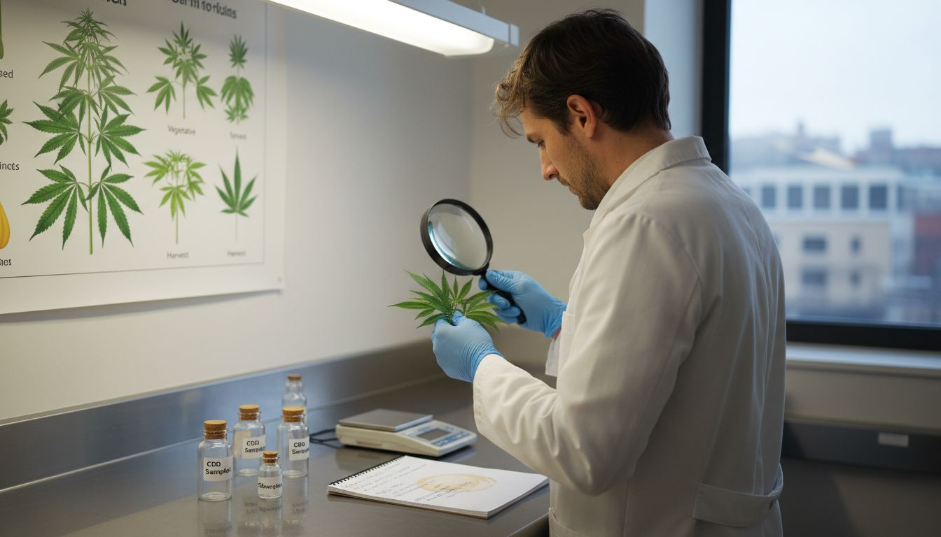 Lab technician examining hemp leaves for CBD