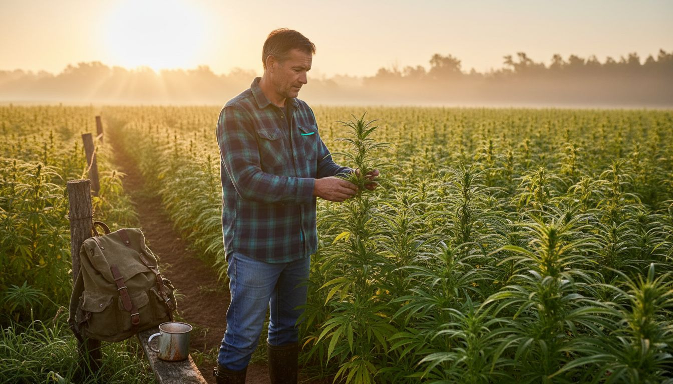 Farmer inspecting organic hemp at sunrise