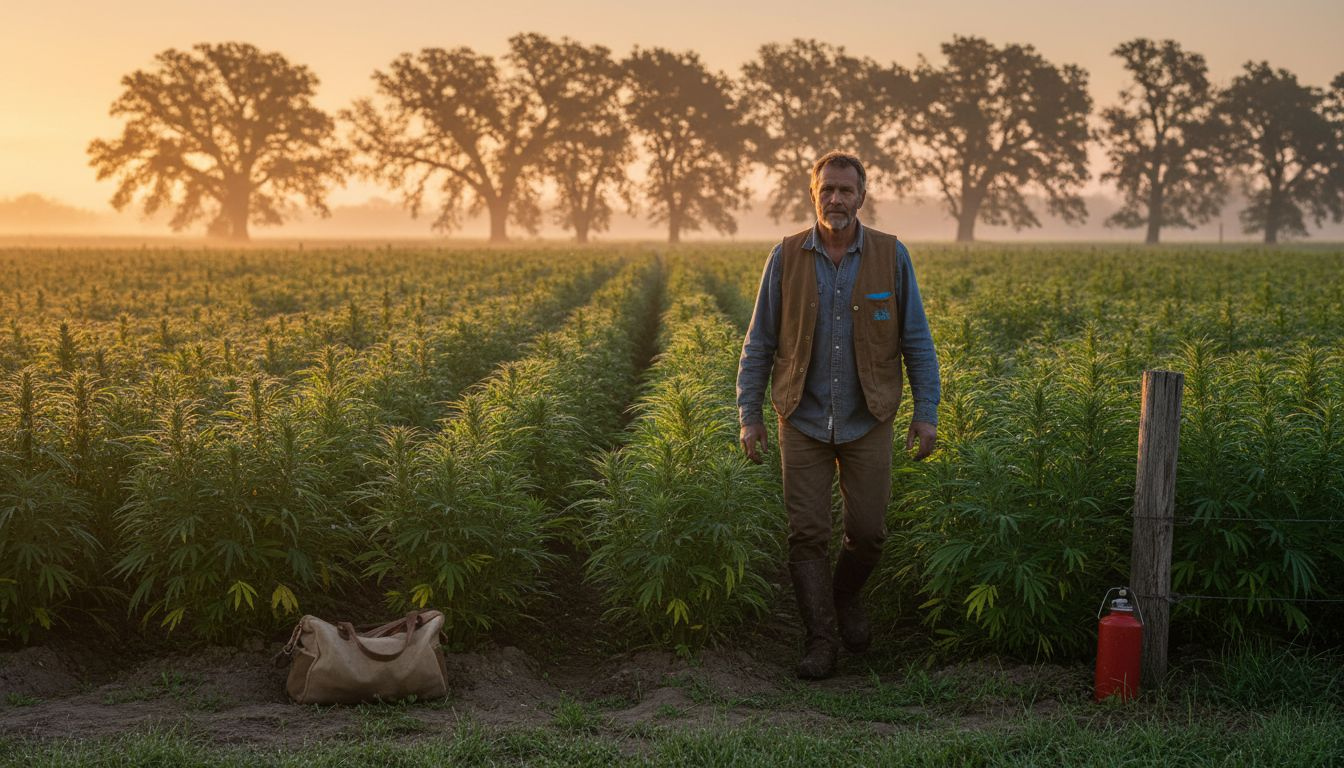 Farmer walks through organic hemp field at sunrise