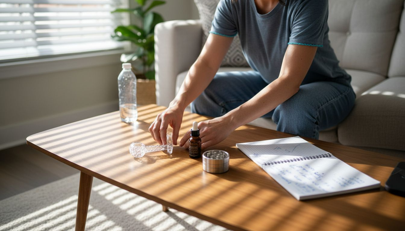 Woman arranging CBD accessories on table