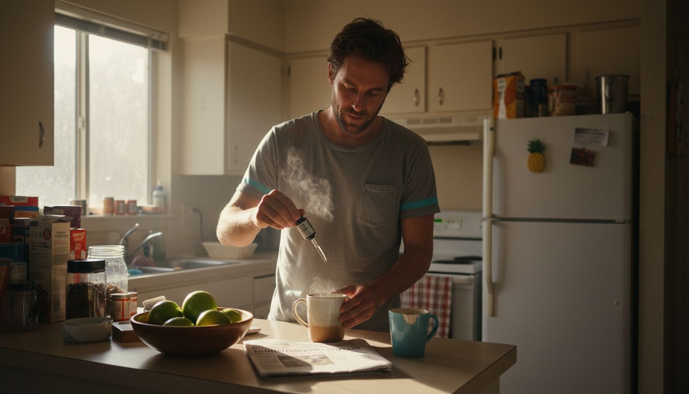 Man preparing CBD oil in kitchen