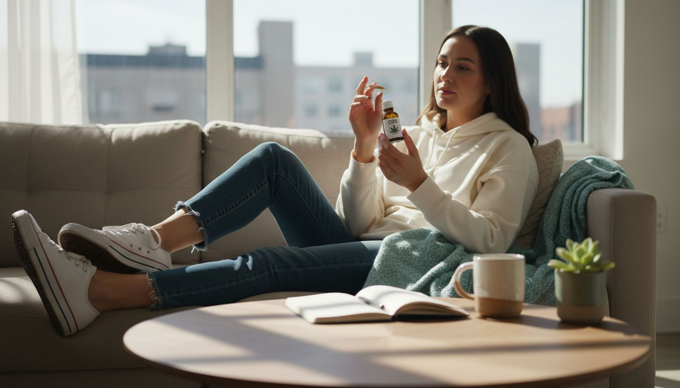 Woman reading CBD bottle in urban apartment