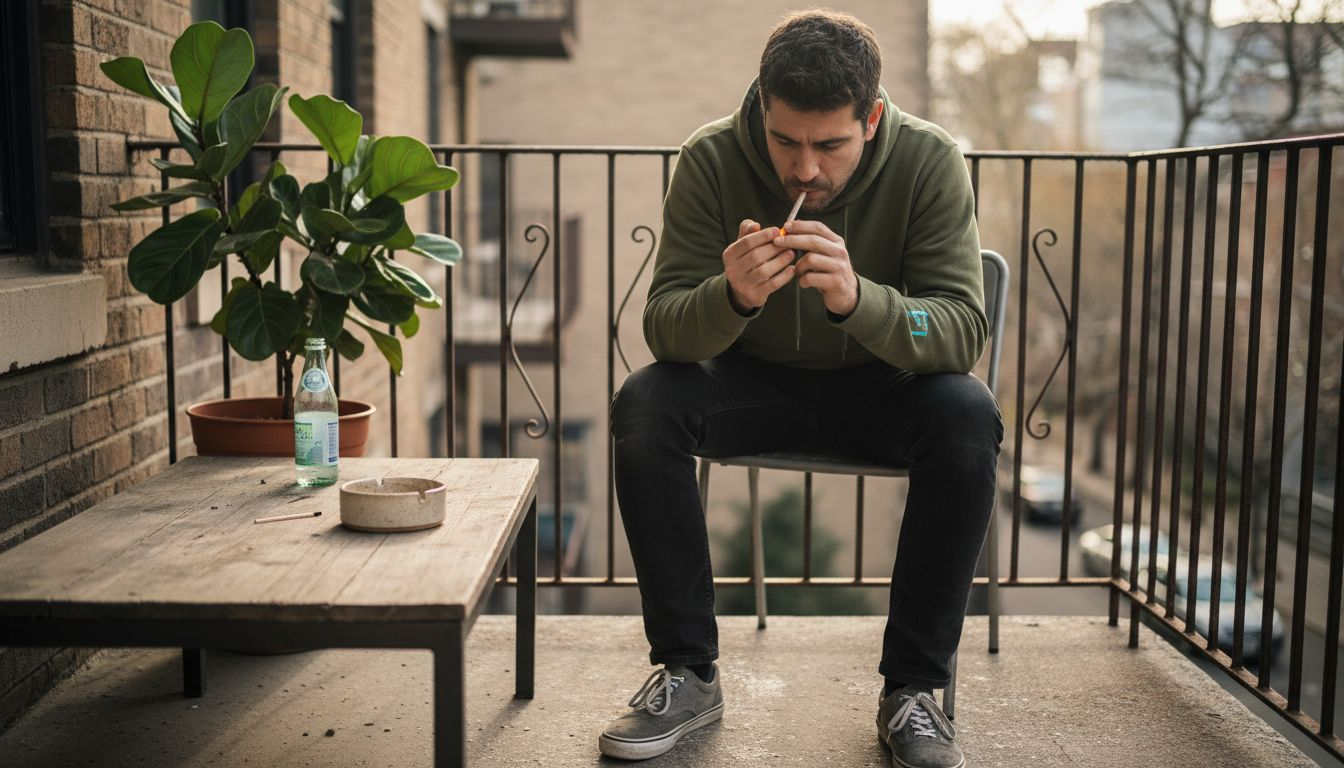 Young man lighting cbd cigarette on balcony