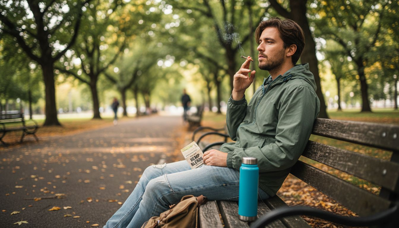Young adult relaxing with smokable hemp outdoors