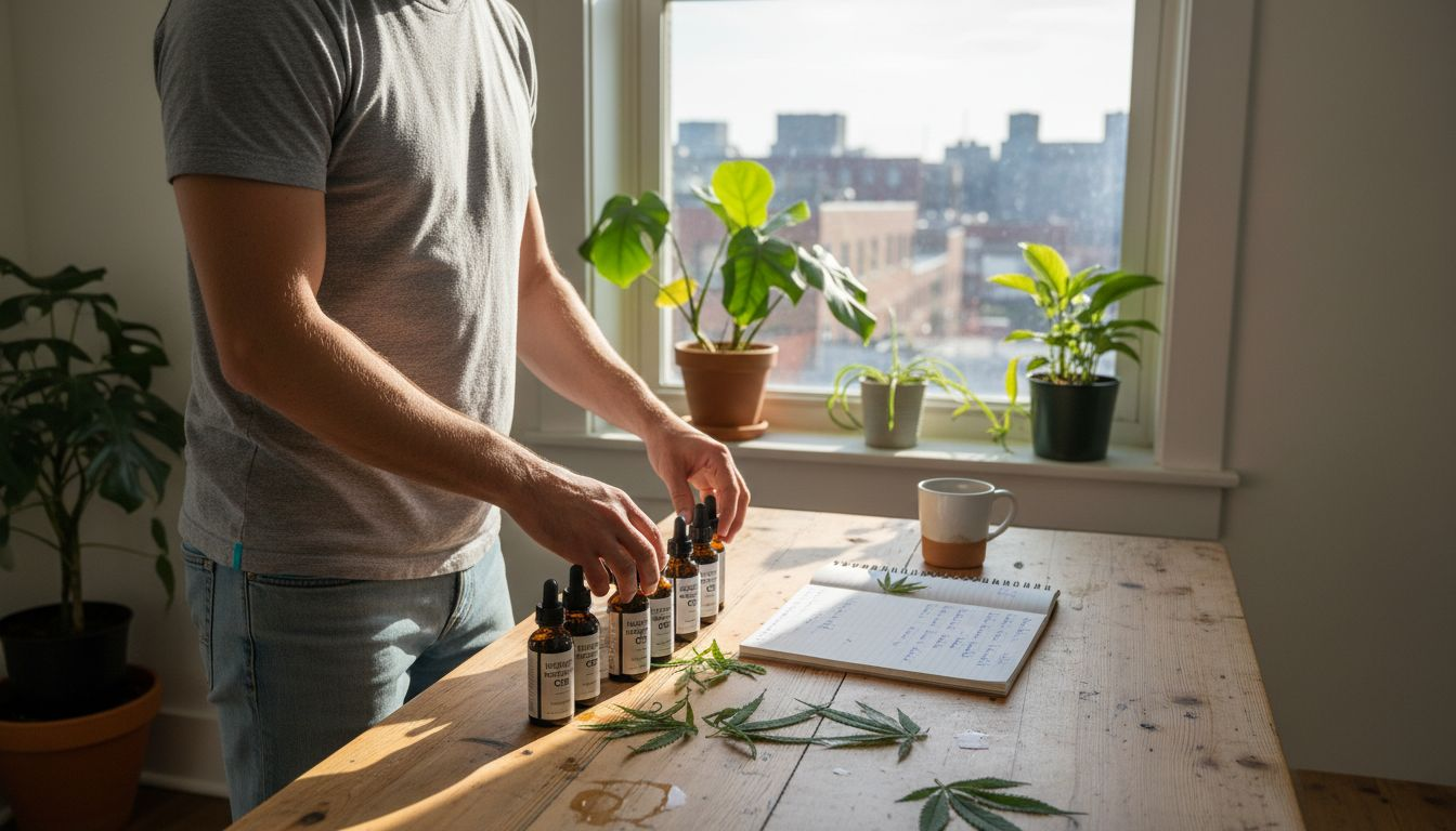 Man handling broad spectrum CBD bottles at home