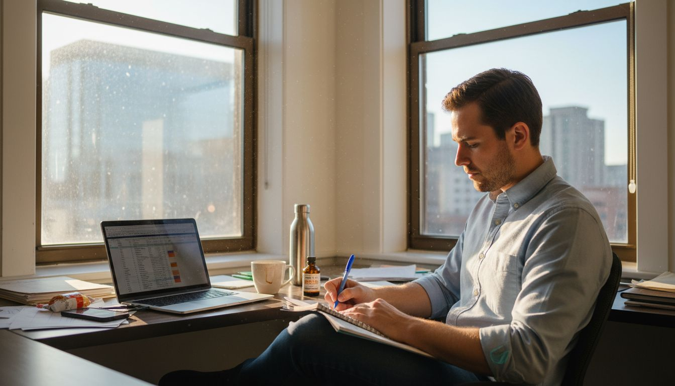 Professional focused at desk with CBD oil bottle