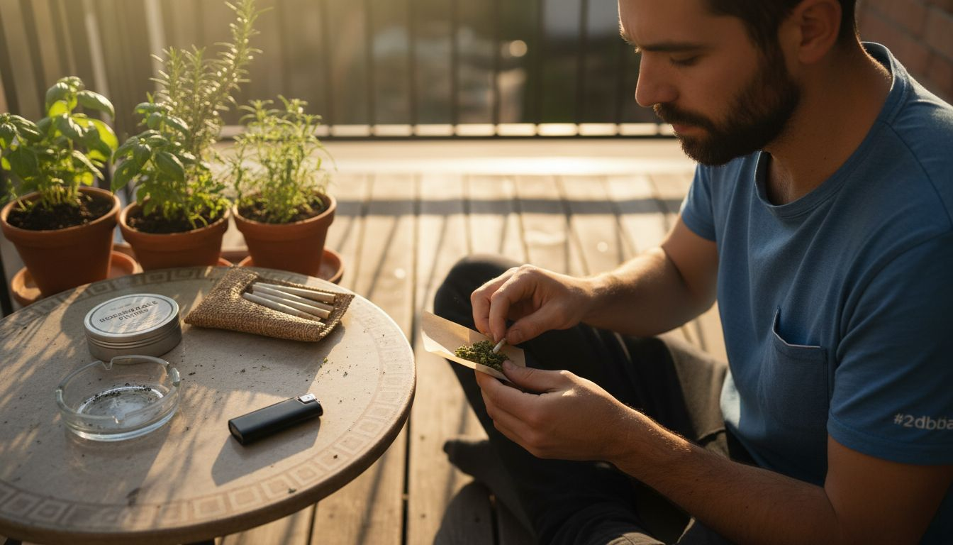 Man rolling hemp cigarette with accessories on balcony