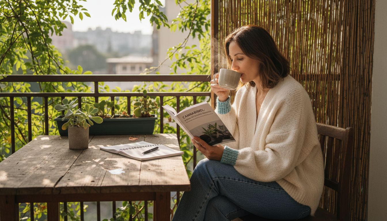 Woman reads cannabinol wellness booklet on balcony