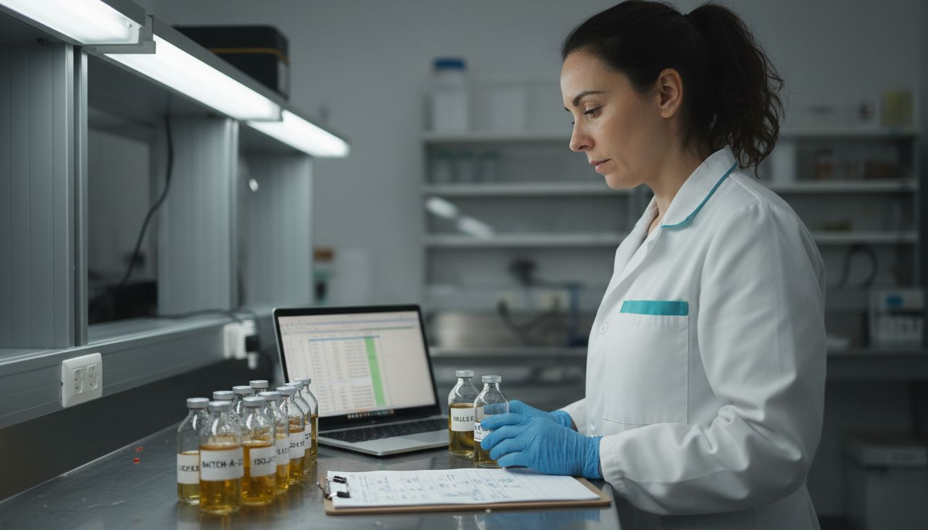 Lab technician examining CBD oil vials