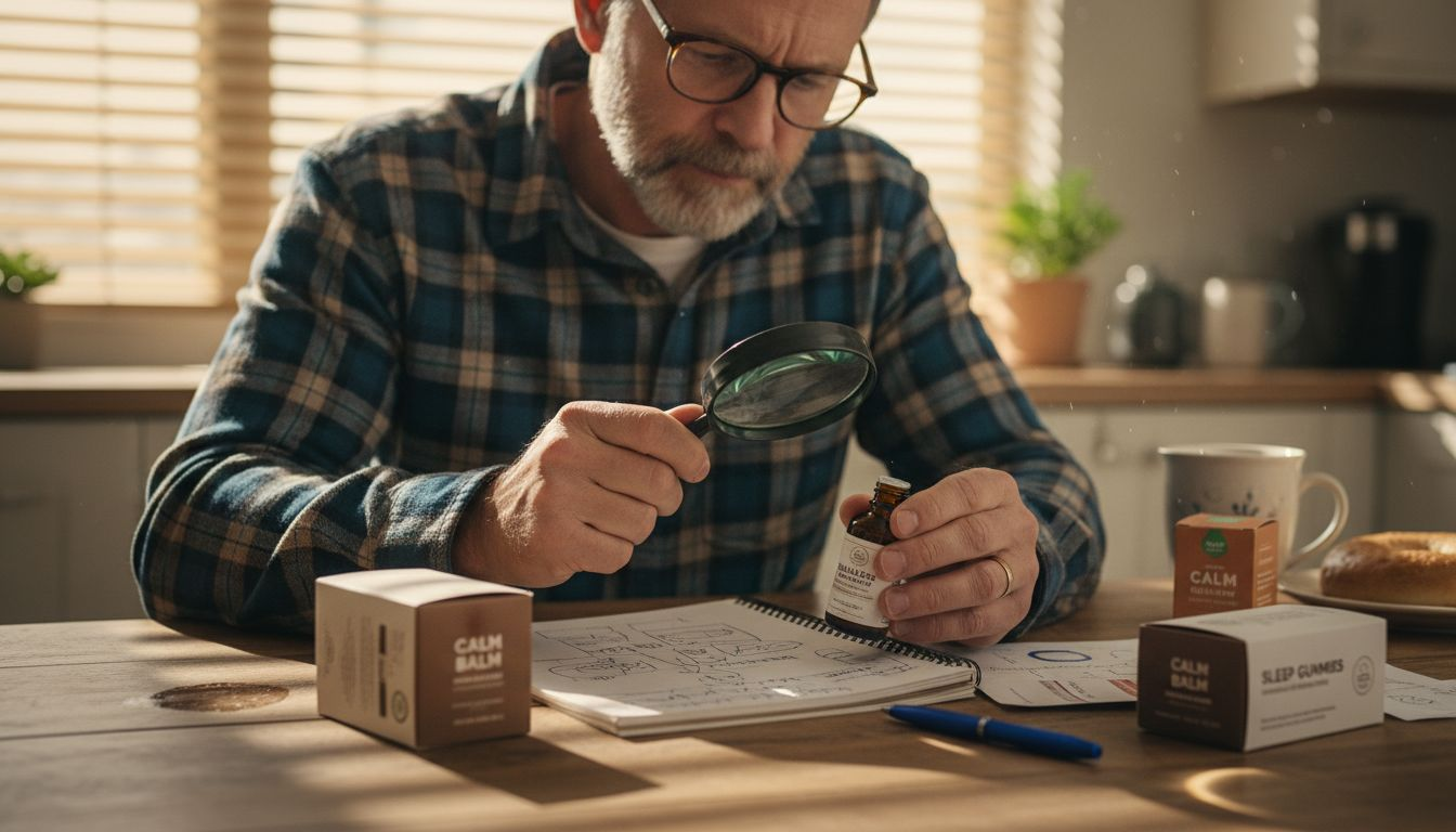 Person inspecting CBD labels on kitchen table