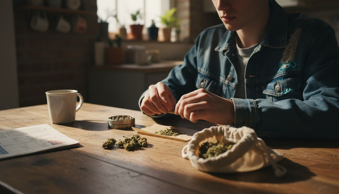 Person rolling hemp cigarettes with grinder and pouch