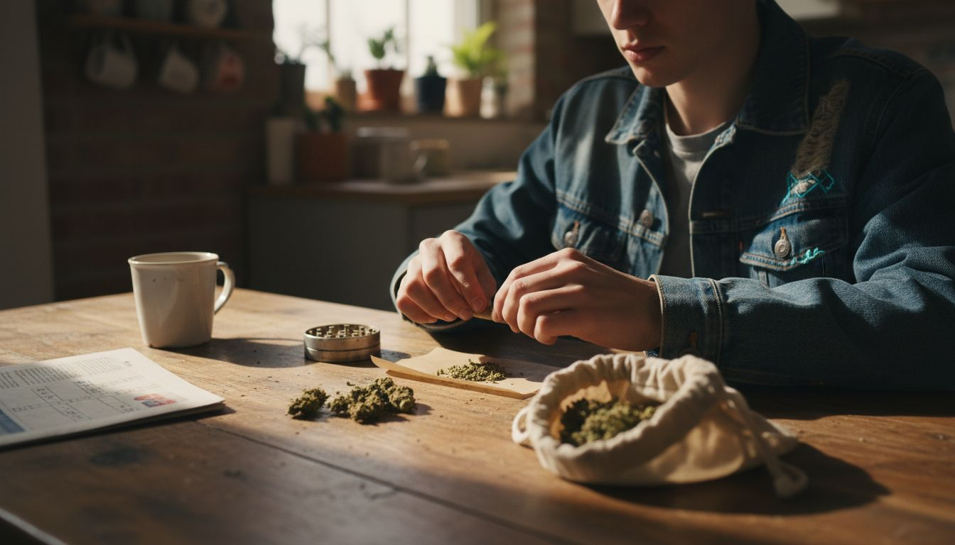 Person rolling hemp cigarettes with grinder and pouch