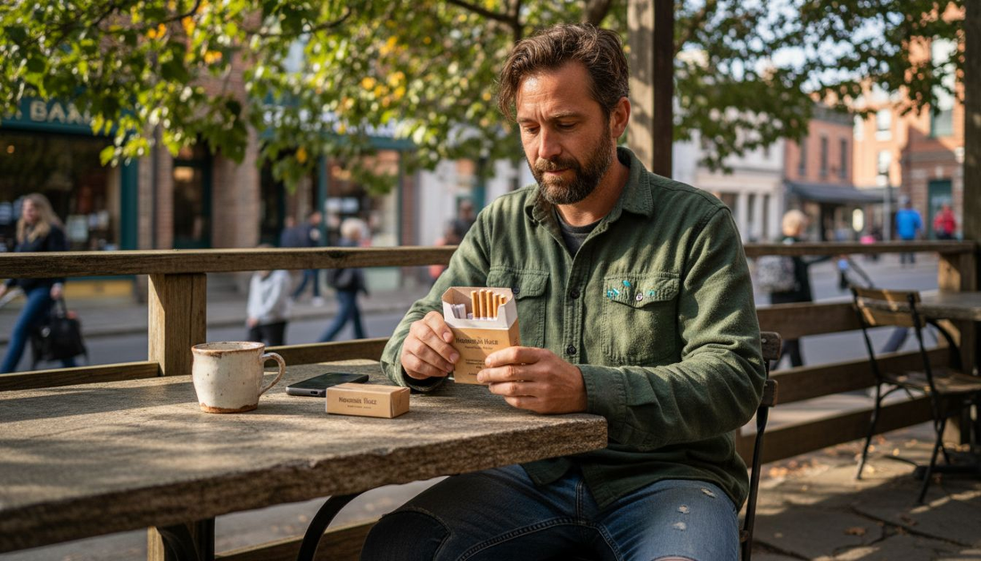 Man holding hemp cigarette at sunny outdoor café
