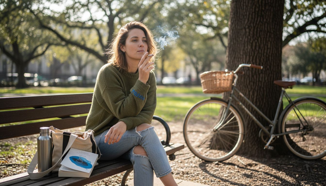 Woman enjoying cbd smoke on park bench
