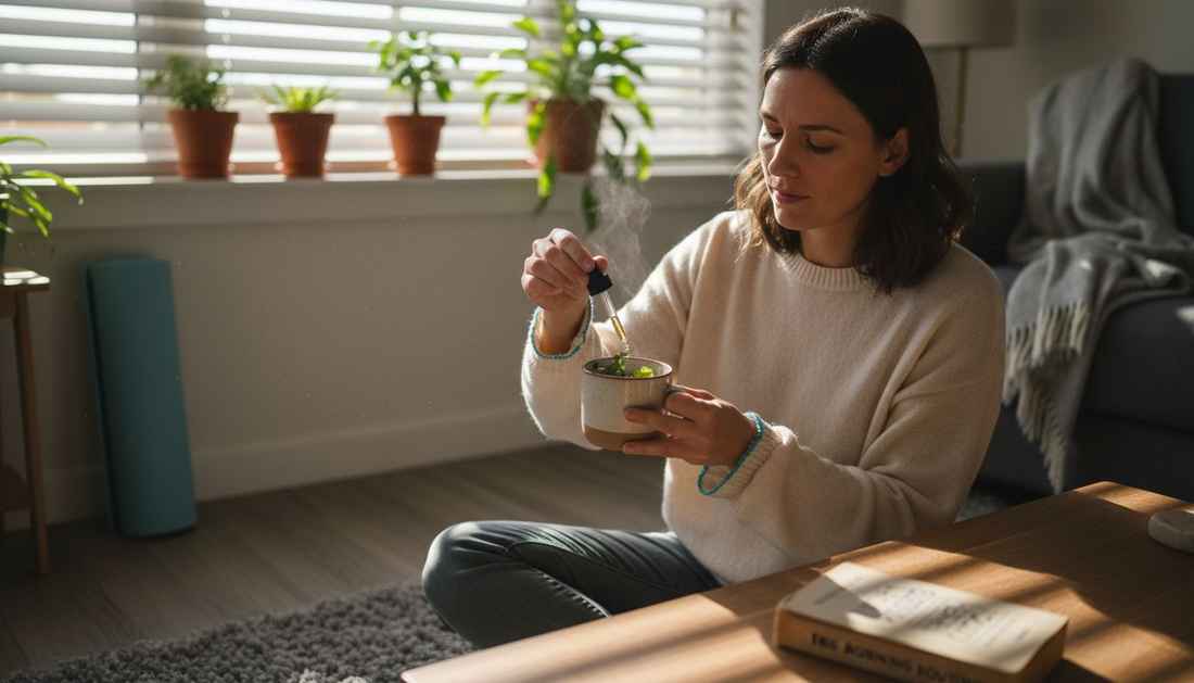 Woman using CBD oil in home wellness routine