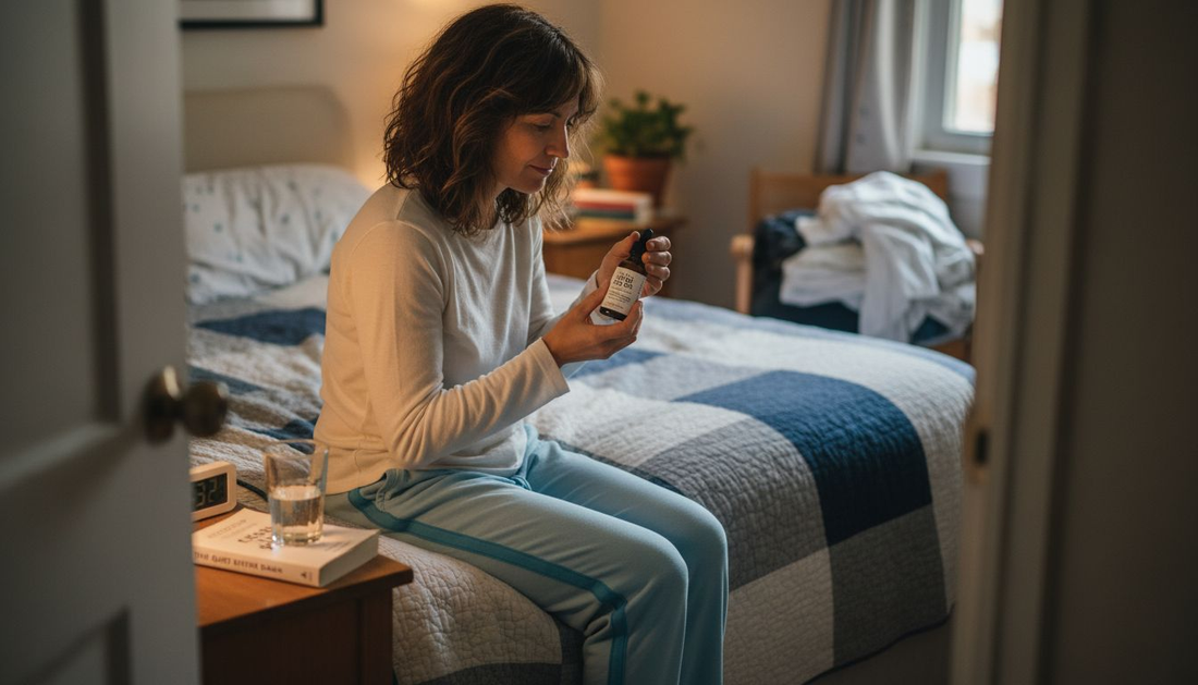 Woman reading CBD oil label in bedroom