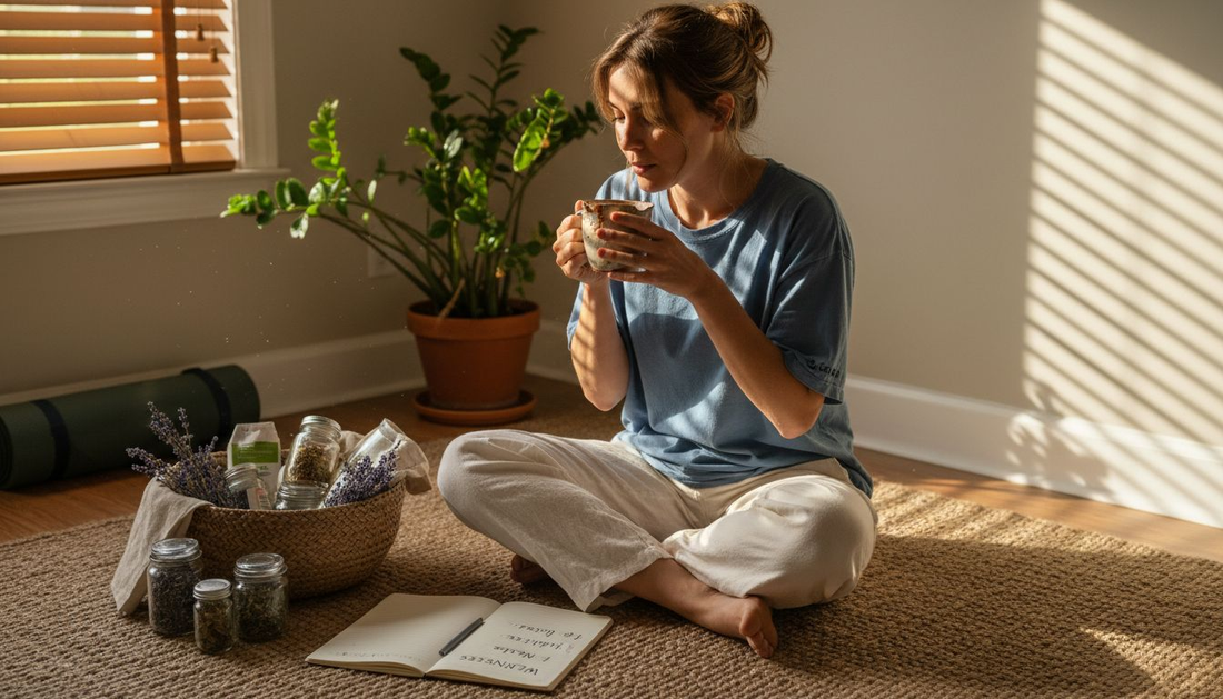 Woman enjoying herbal tea in a cozy living room