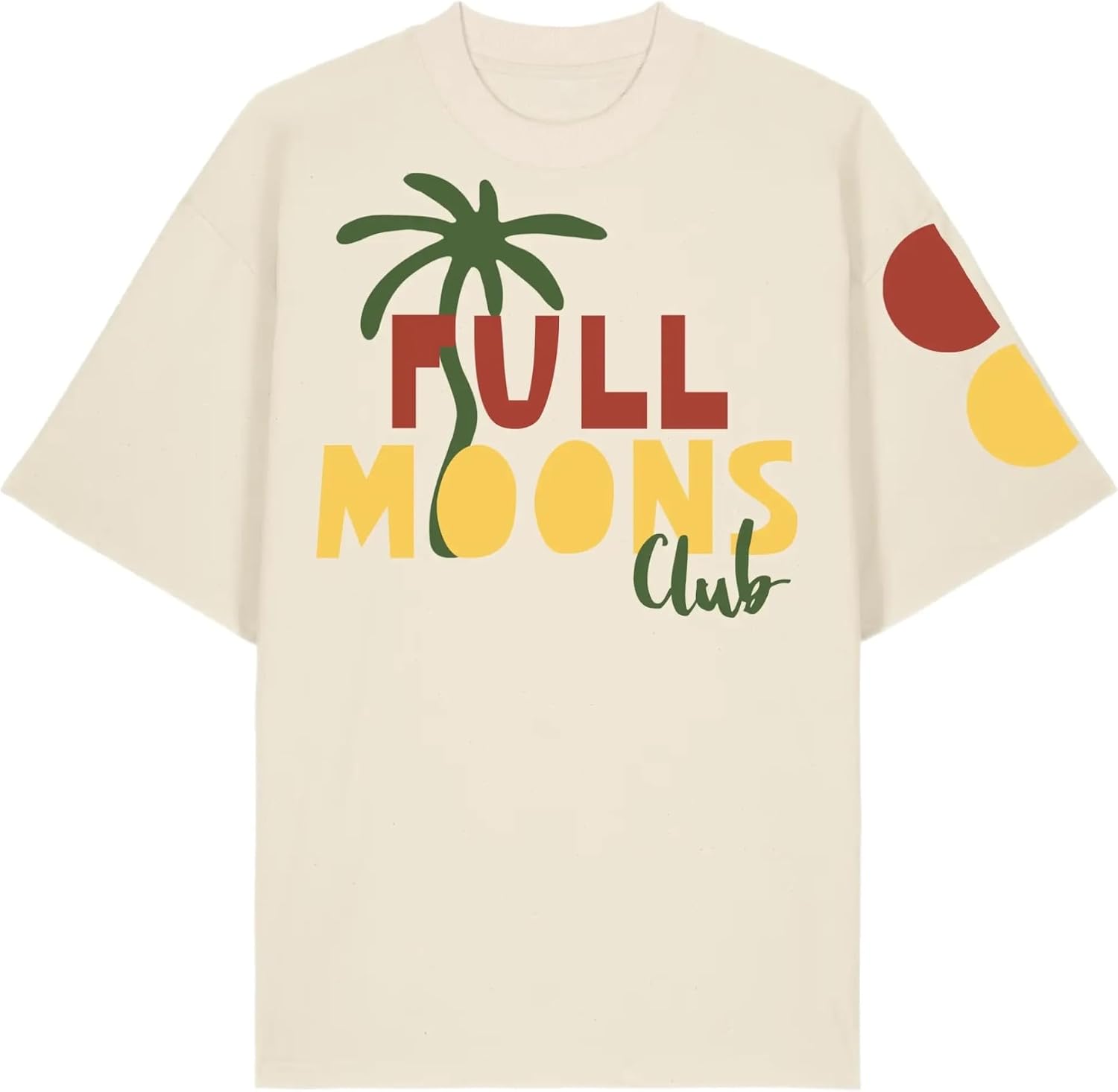 Full Moons Club Offering Tee Miami Edition, cream organic cotton tee with palm and moon print