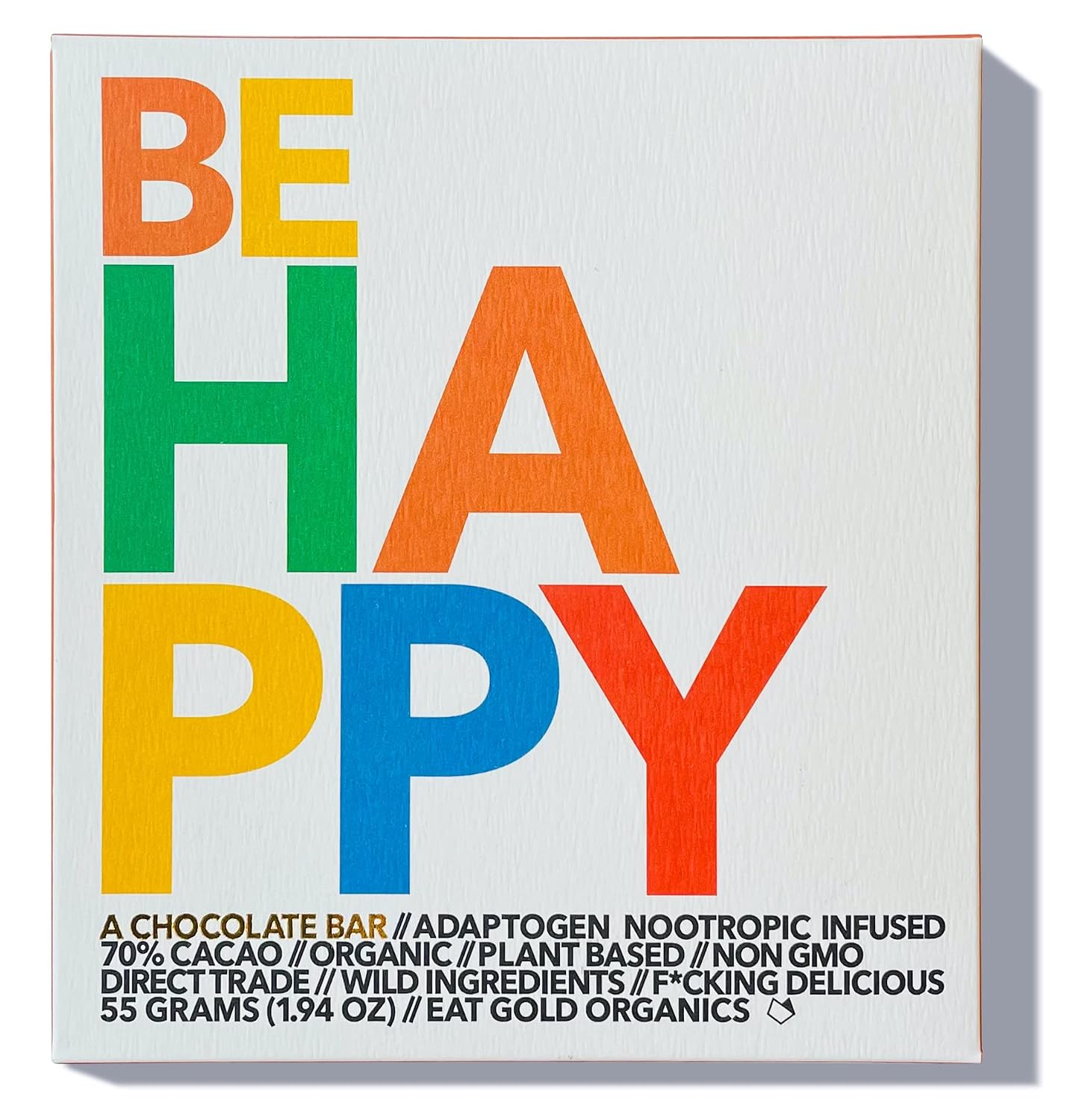 Be Happy functional chocolate bar by Eat Gold Organics, front of package