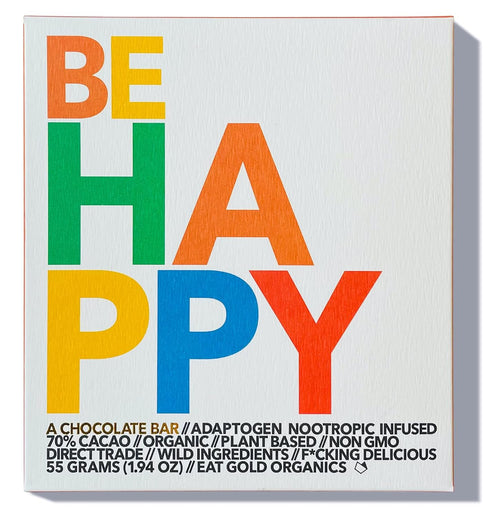 Be Happy functional chocolate bar by Eat Gold Organics, front of package