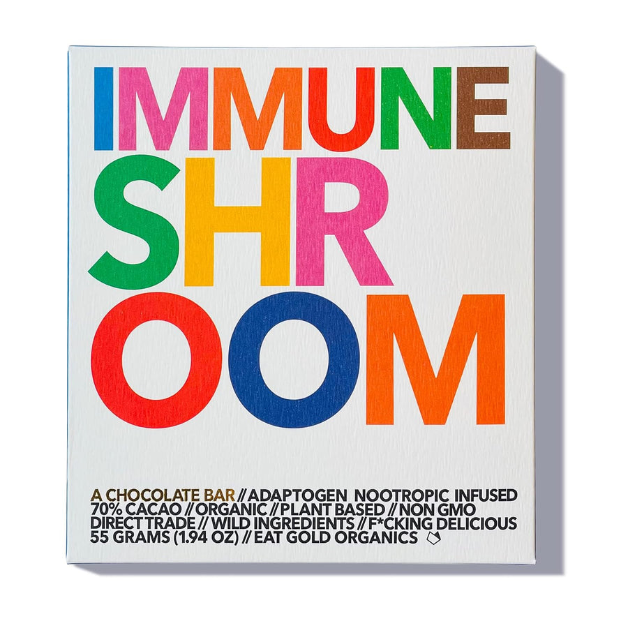Immune Shroom functional chocolate bar by Eat Gold Organics, front of package