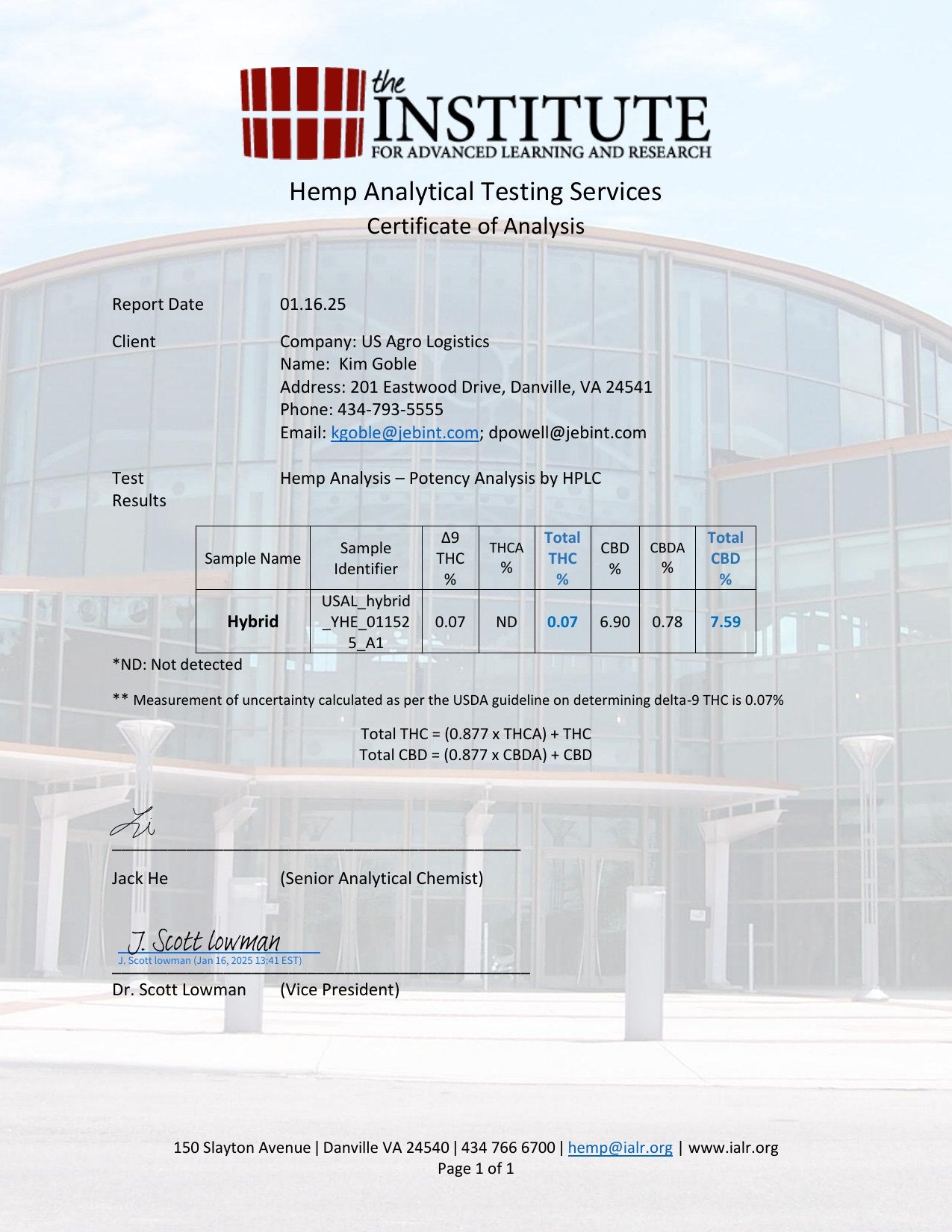 Certificate of Analysis, hybrid hemp flower batch 1. Total THC 0.07 percent, total CBD 7.59 percent, report date January 16 2025.