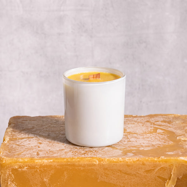 Rad Wax beeswax candle in white glass